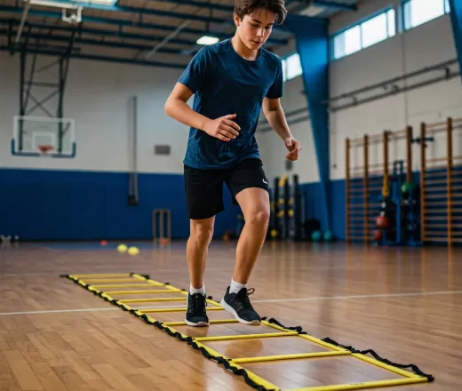 young male athlete running through an agility ladder